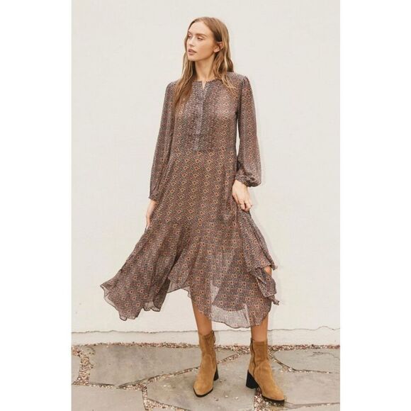 Dress Forum Rhapsody‎ Chiffon Shark-bite Hem Midi Dress Brown Size M - Picture 3 of 12
